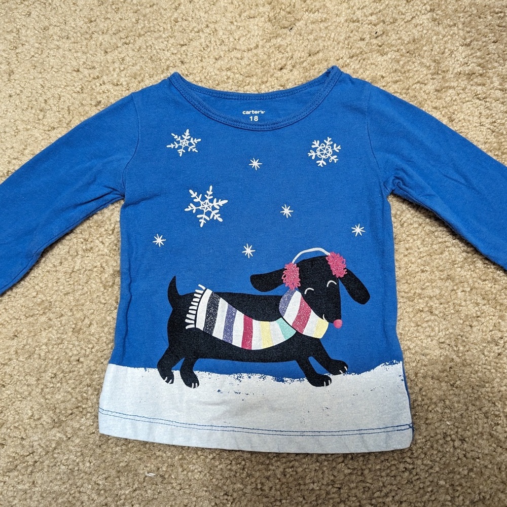 18M shirt with wintery dachshund print